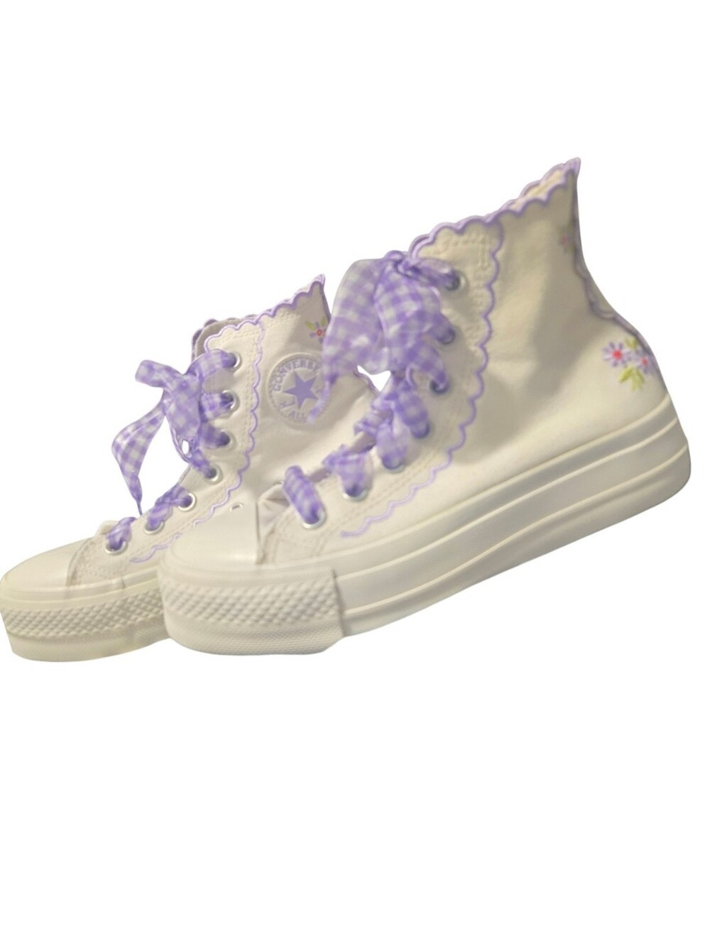 Chuck Taylor Converse High Top Embroidered, Lift, Platform Purple Flowers Cute🥰